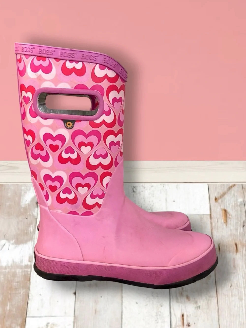 Bogs Girls Rain Boots Waterproof Pink Heart Size 3 VGUC ☔️